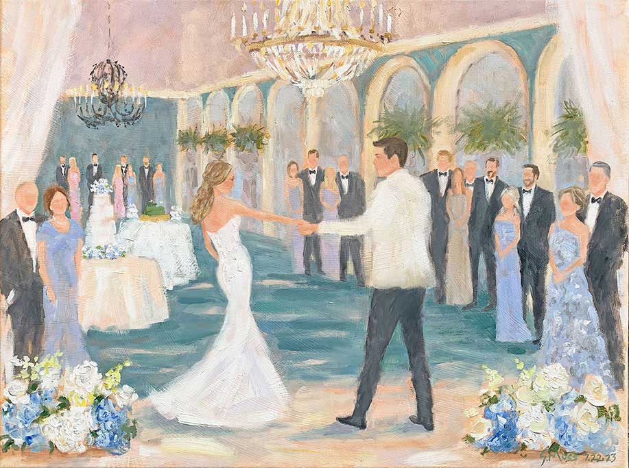 Wedding Painting in oil of first dance at historic Fort Worth Club reception by Dallas artist Susan Moss Cooper