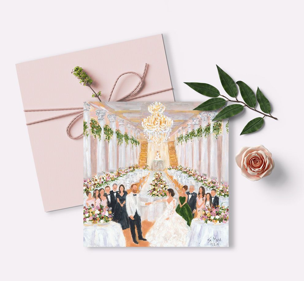 Susan Moss Cooper, Dallas Texas, specializes in wedding and live event paintings, plein aire and luxury events. Notecard from wedding painting.